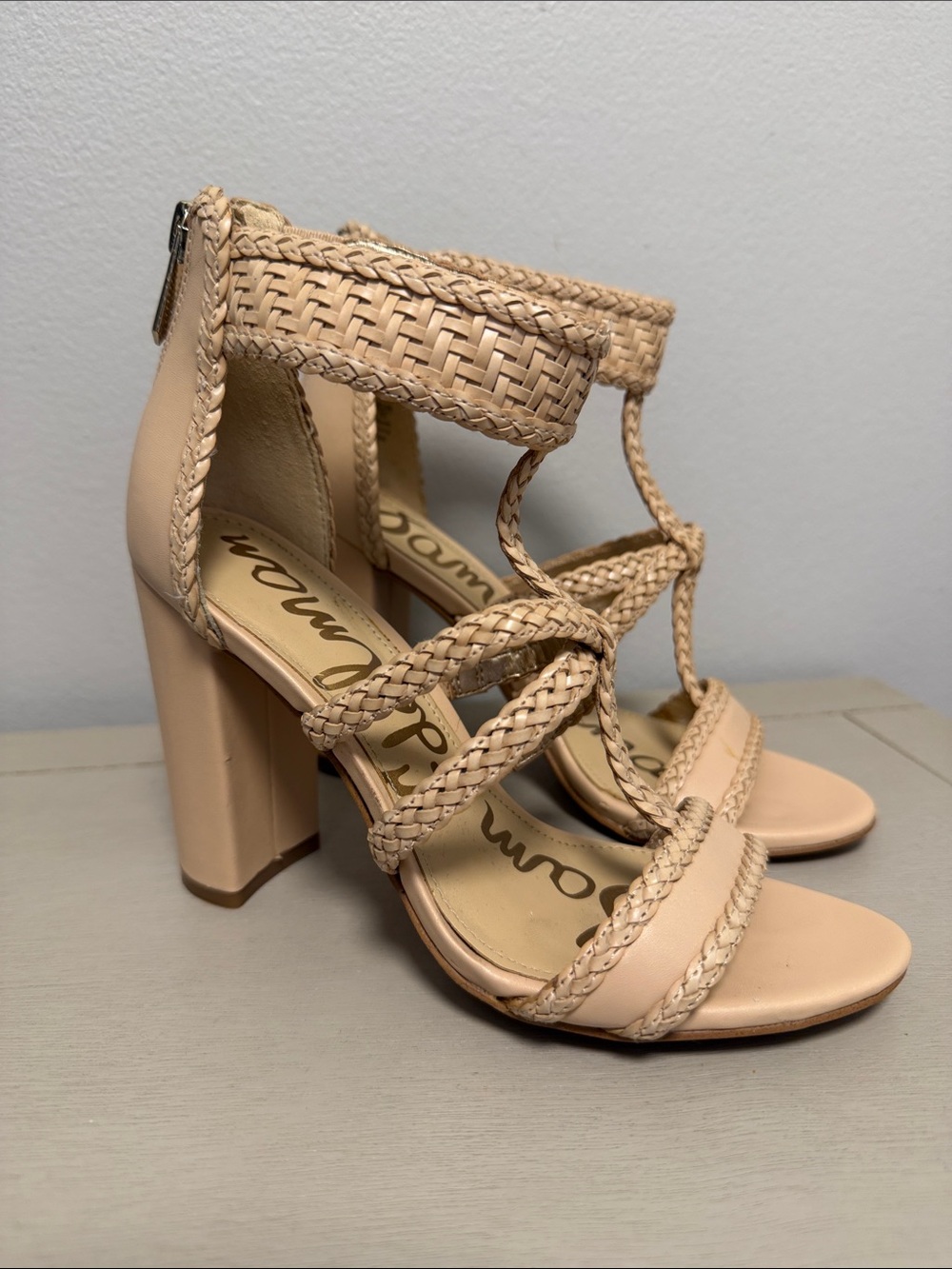 Sam Edelman Yordana Braided T-Strap Block Heel Sandals Nude Beige Size 5M